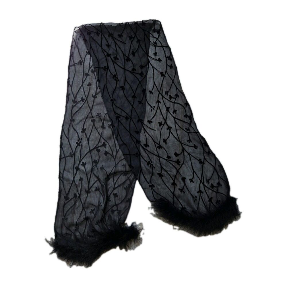Vintage Giorgio Beverly Hills Black Sheer Flocked Scarf Feather Trim 58" Wrap